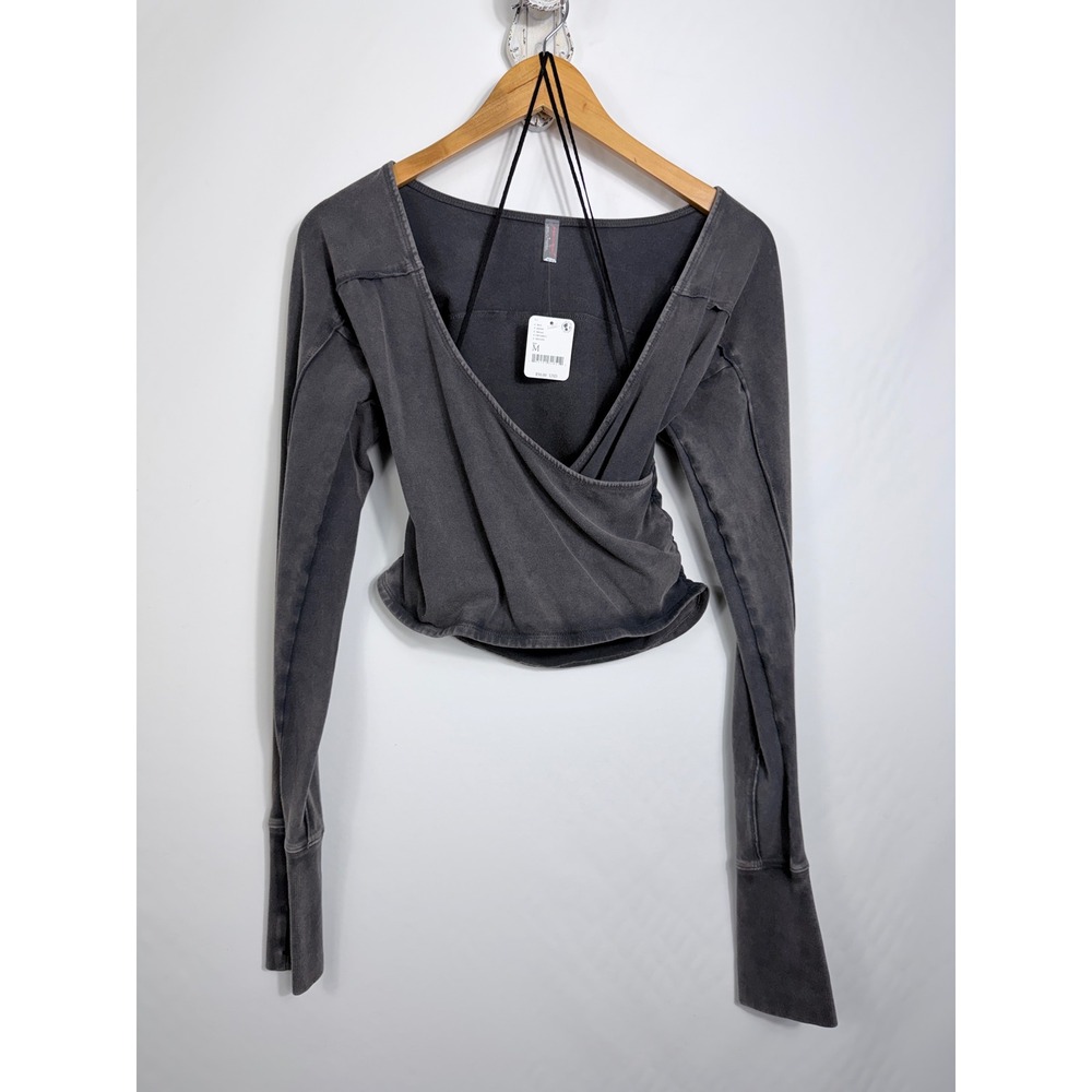 FP Movement Top M Black Surplice Wrap Cropped Long Sleeve OB1228012 Athleisure